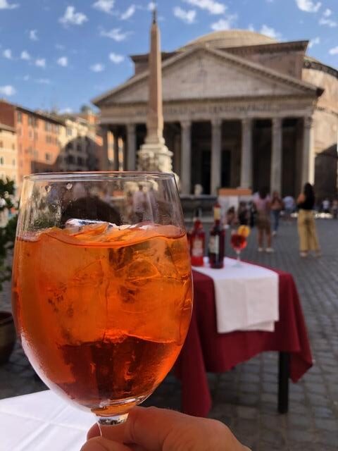 Aperol spritz in front of the Pantheon in Rome, showcasing classic Italian aperitivo culture